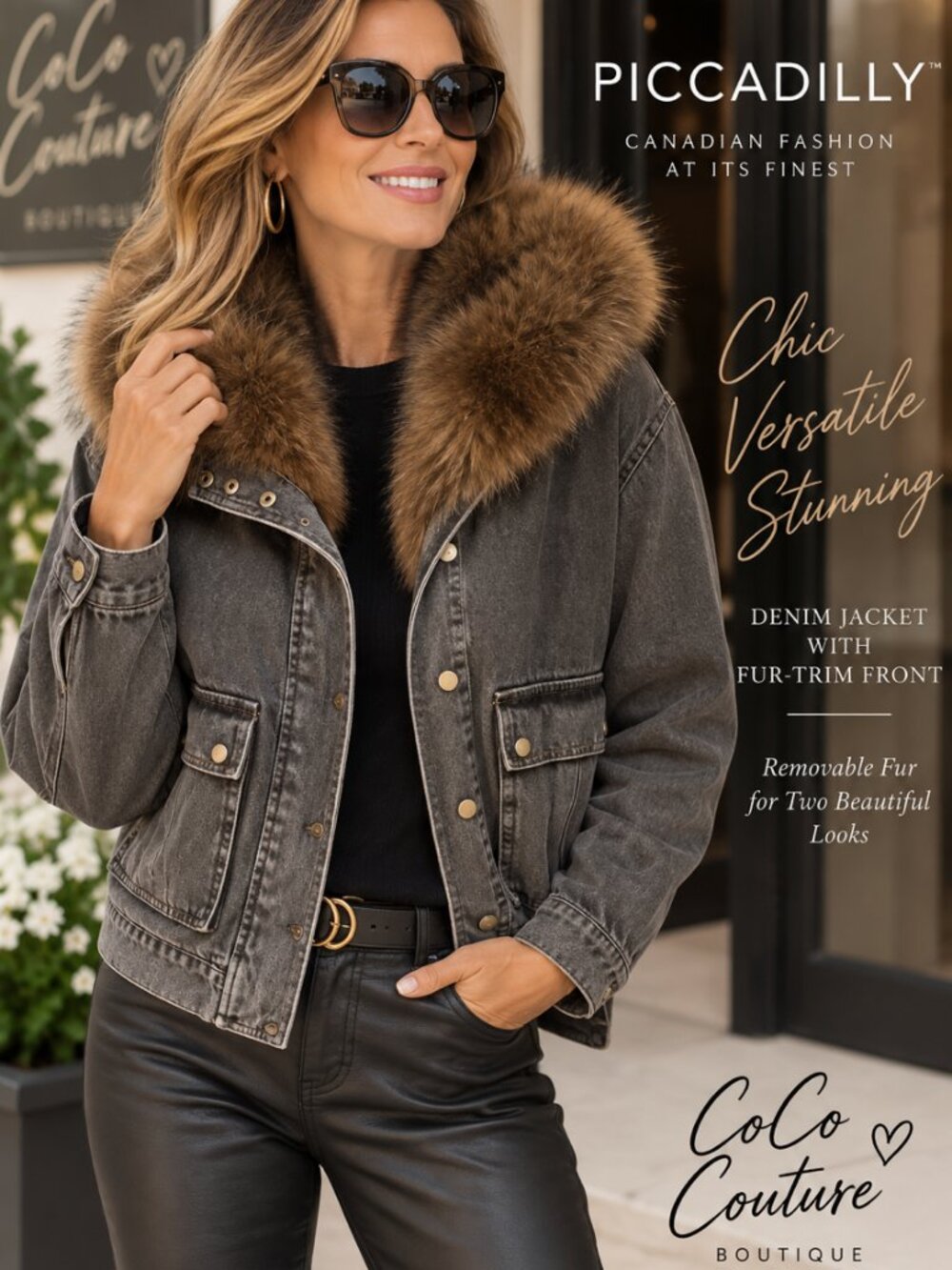 Y6463 Denim Jacket with Removable Faux Fur Trim by Picadilly